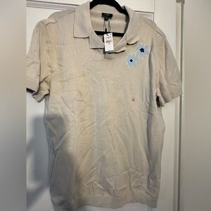 Express Beige Polo Shirt with Blue Floral Design